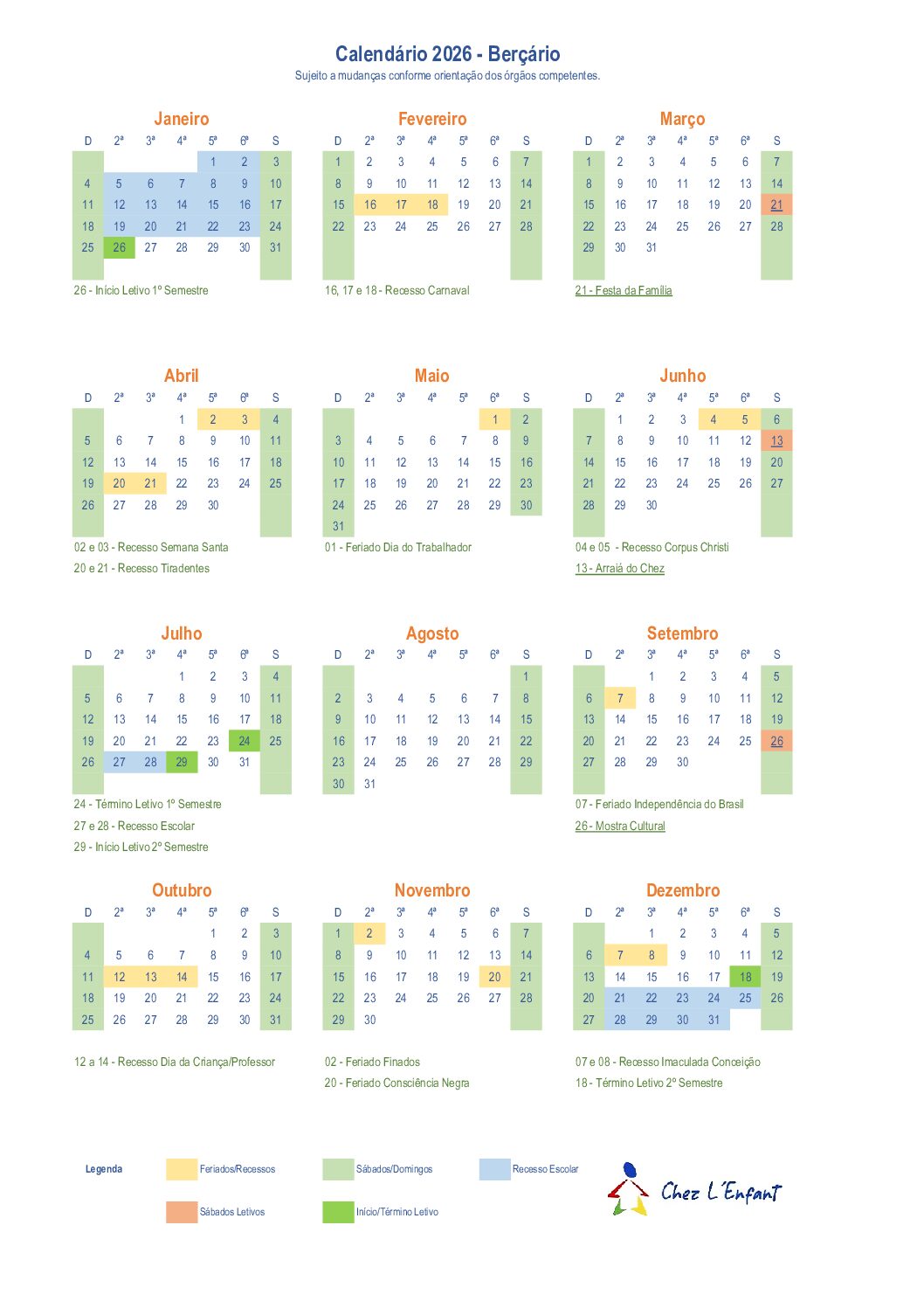 Calendário Berçário 2025